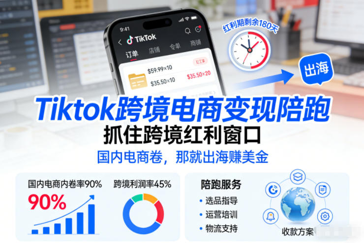 Tiktok跨境电商变现陪跑，抓住跨境红利窗口，国内电商卷，那就出海賺美金-一世倾承云网创