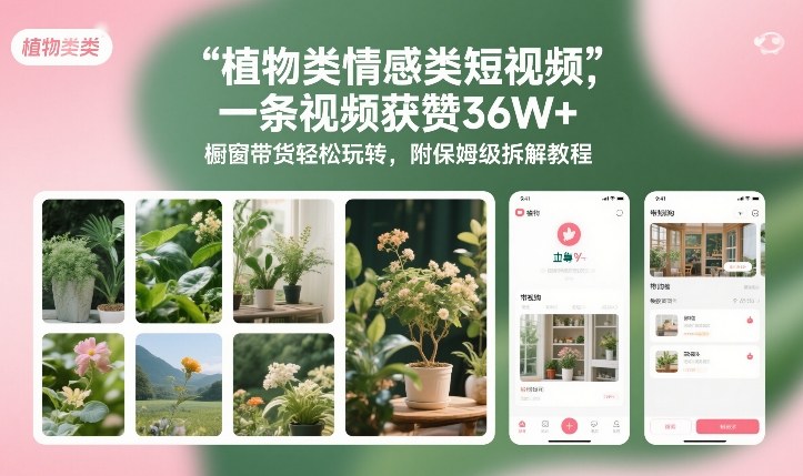 植物类情感类短视频，一条视频获赞36W+，橱窗带货轻松玩转，附保姆级拆解教程-一世倾承云网创
