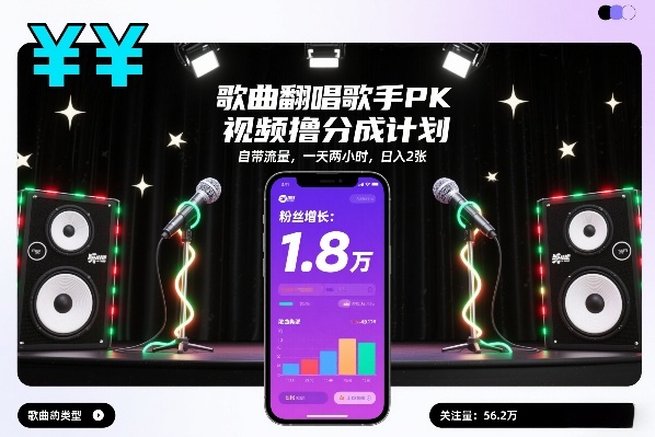 歌曲翻唱歌手PK视频撸分成计划，自带流量，一天两小时，日入2张-一世倾承云网创