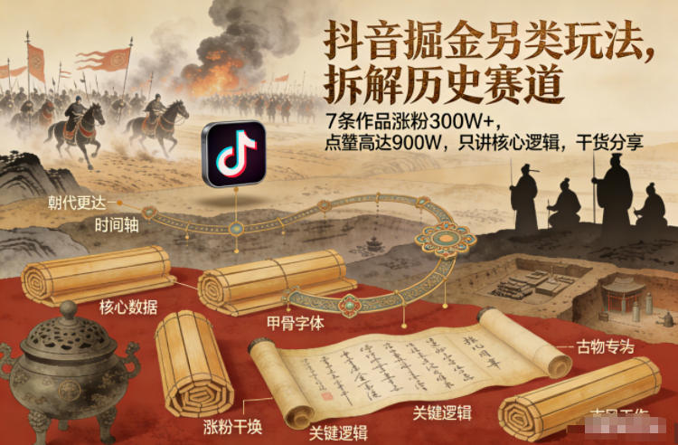 抖音掘金另类玩法，拆解历史赛道，7条作品涨粉300W+，点赞量高达900W，只讲核心逻辑，干货分享-一世倾承云网创