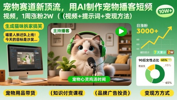 宠物赛道新顶流，用AI制作宠物播客短视频，1周涨粉2W(视频+提示词+变现方法)-一世倾承云网创