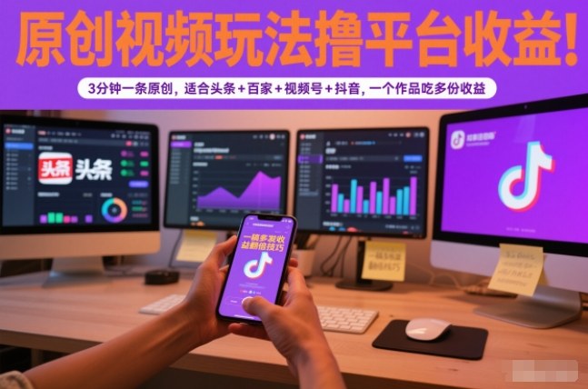 原创视频玩法撸平台收益，3分钟一条原创，适合头条+百家+视频号+抖音，一个作品吃多份收益-一世倾承云网创