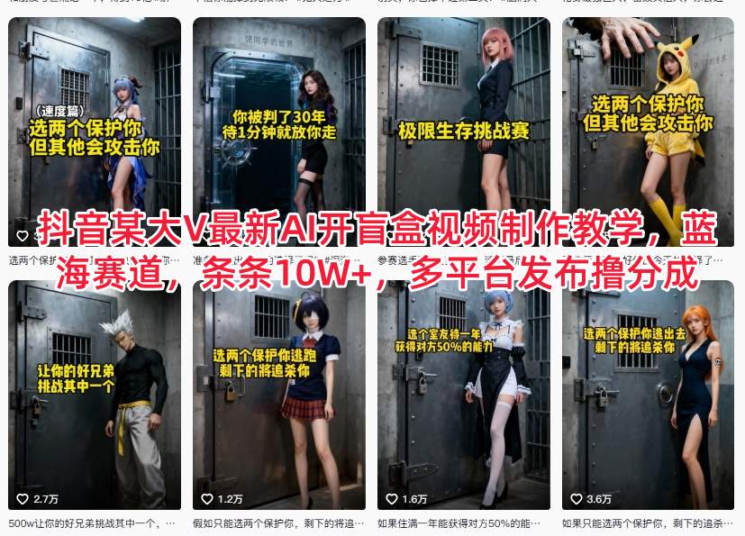 抖音某大V最新AI开盲盒视频制作教学，蓝海赛道，条条10W+，多平台发布撸分成-一世倾承云网创